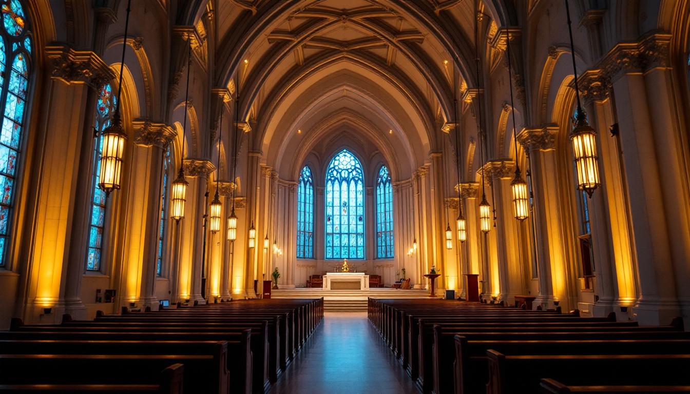 A photograph of a beautifully lit church interior showcasing the warm