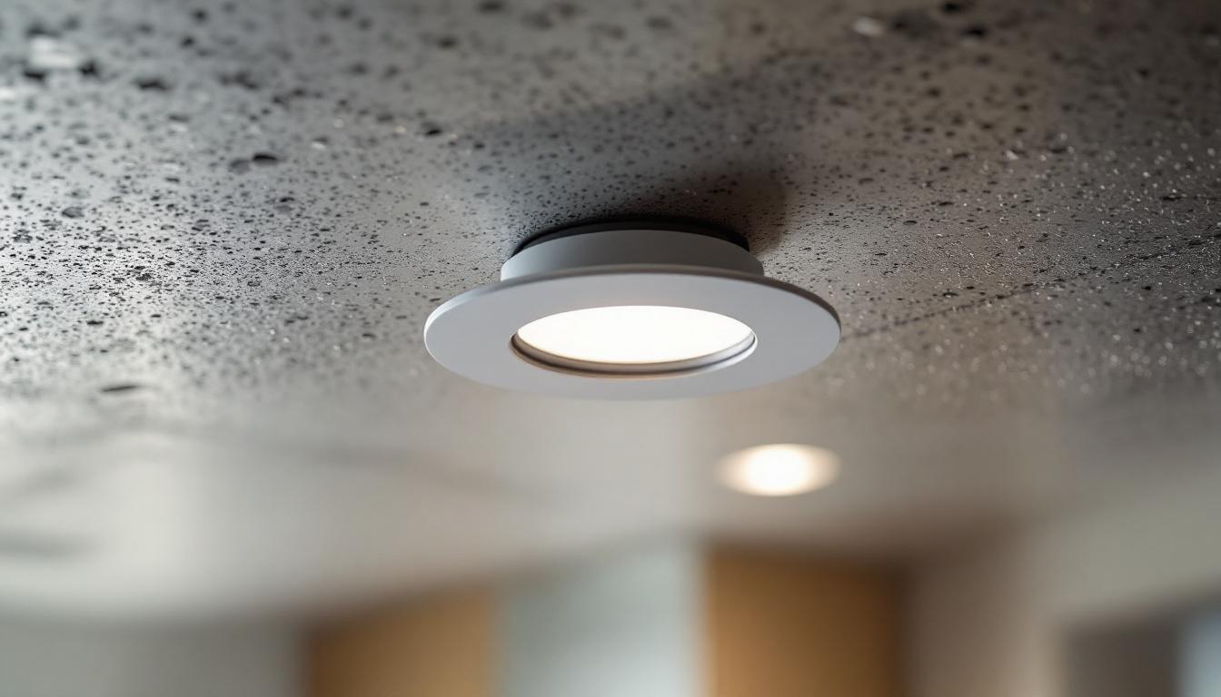 A photograph of a close-up shot of a 4-inch recessed light housing installed in a ceiling