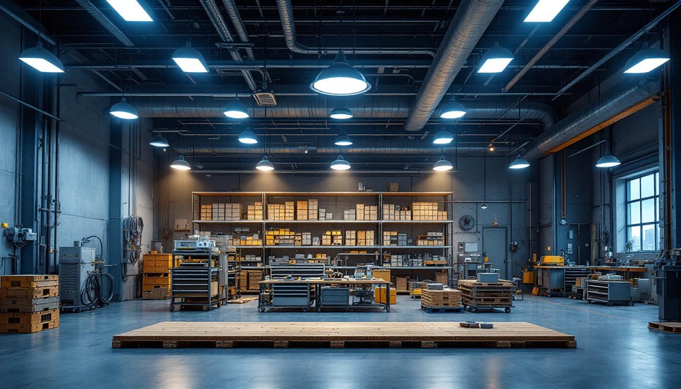 A photograph of a well-designed industrial lighting setup that showcases a harmonious blend of functionality and aesthetics