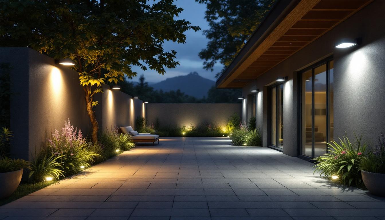 A photograph of a well-lit outdoor space showcasing various types of security lighting installations