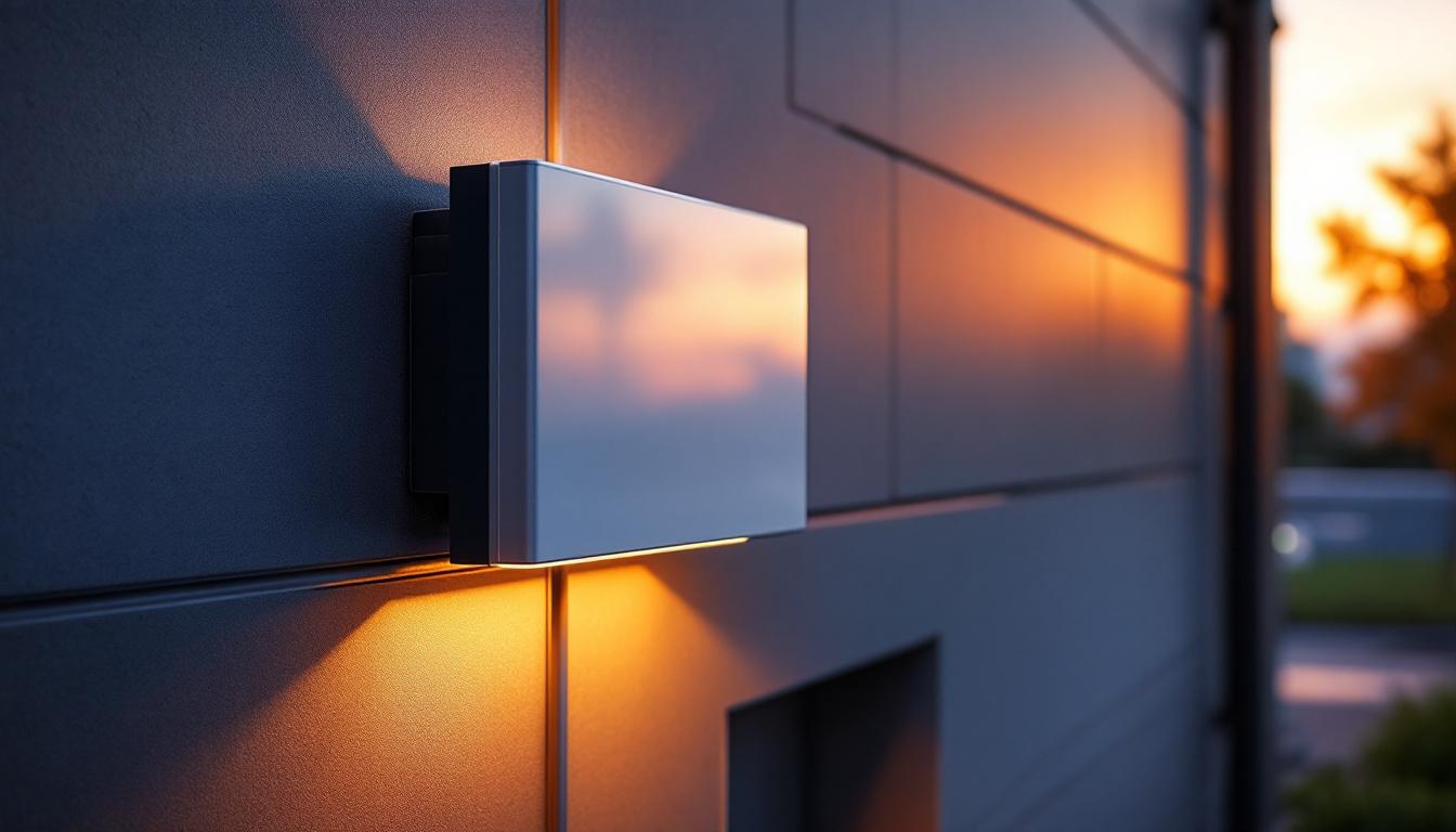 A photograph of a solar wall pack installation on a building exterior during the golden hour