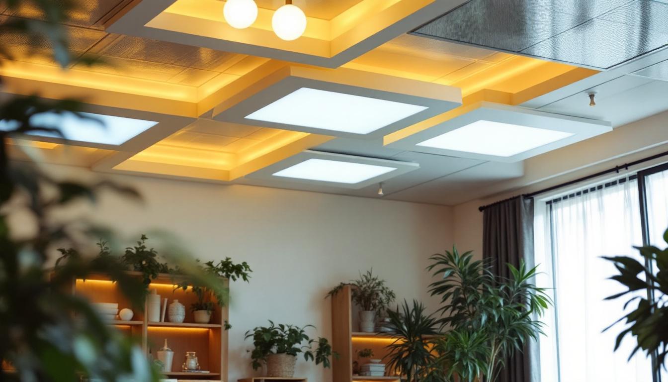 A photograph of a well-lit room featuring ceiling lighting panels