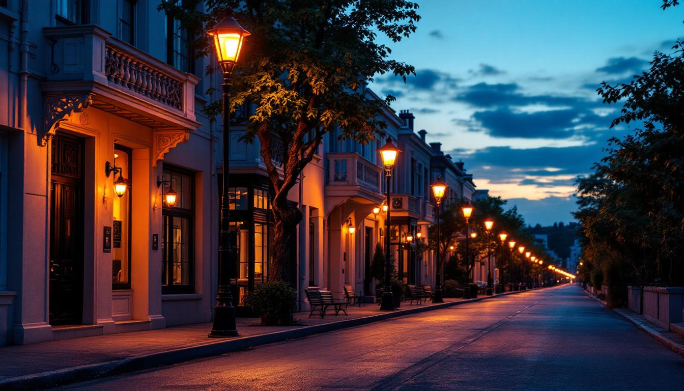 A photograph of a street illuminated by vibrant street bulbs at dusk