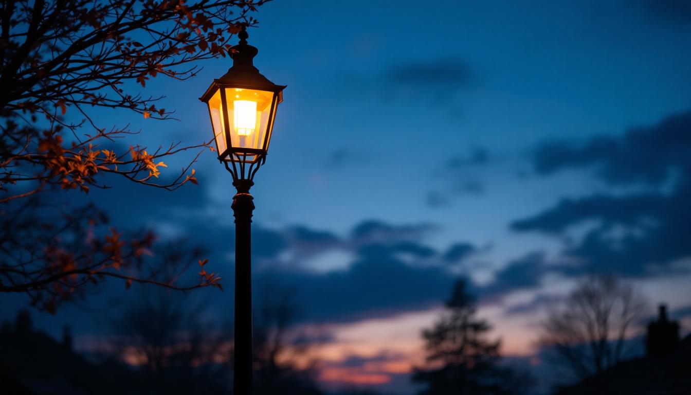A photograph of a beautifully illuminated lamppost at dusk