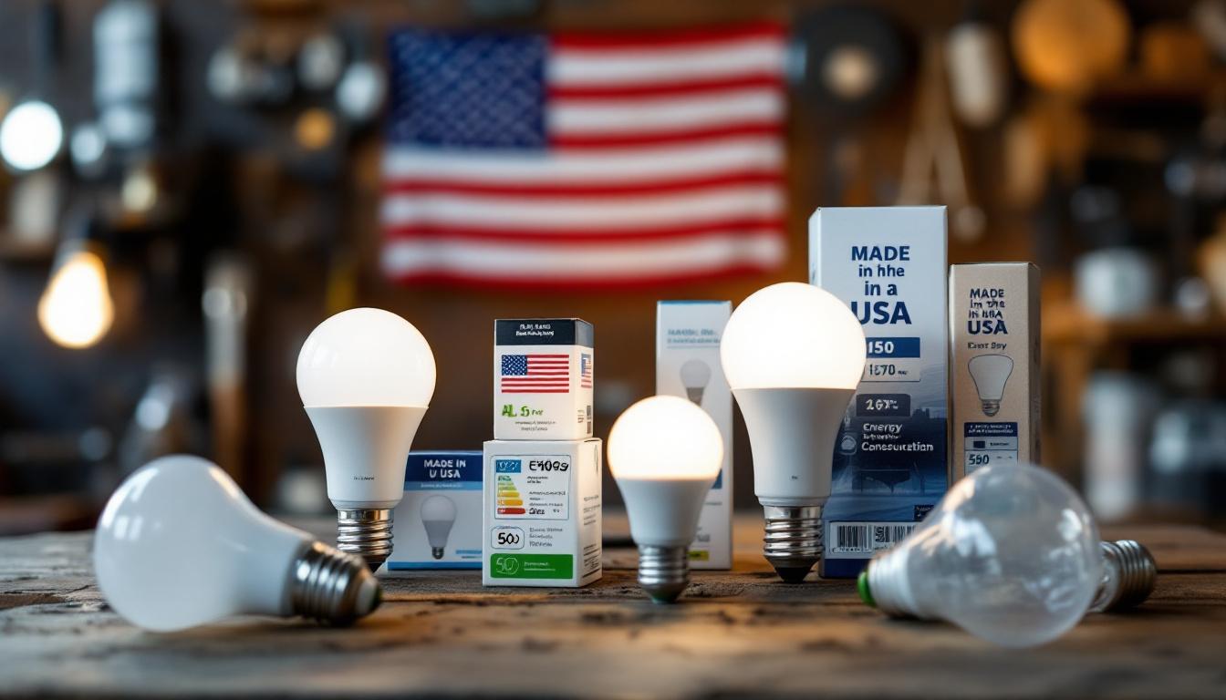 A photograph of a well-lit scene featuring a variety of "made in the usa" light bulbs