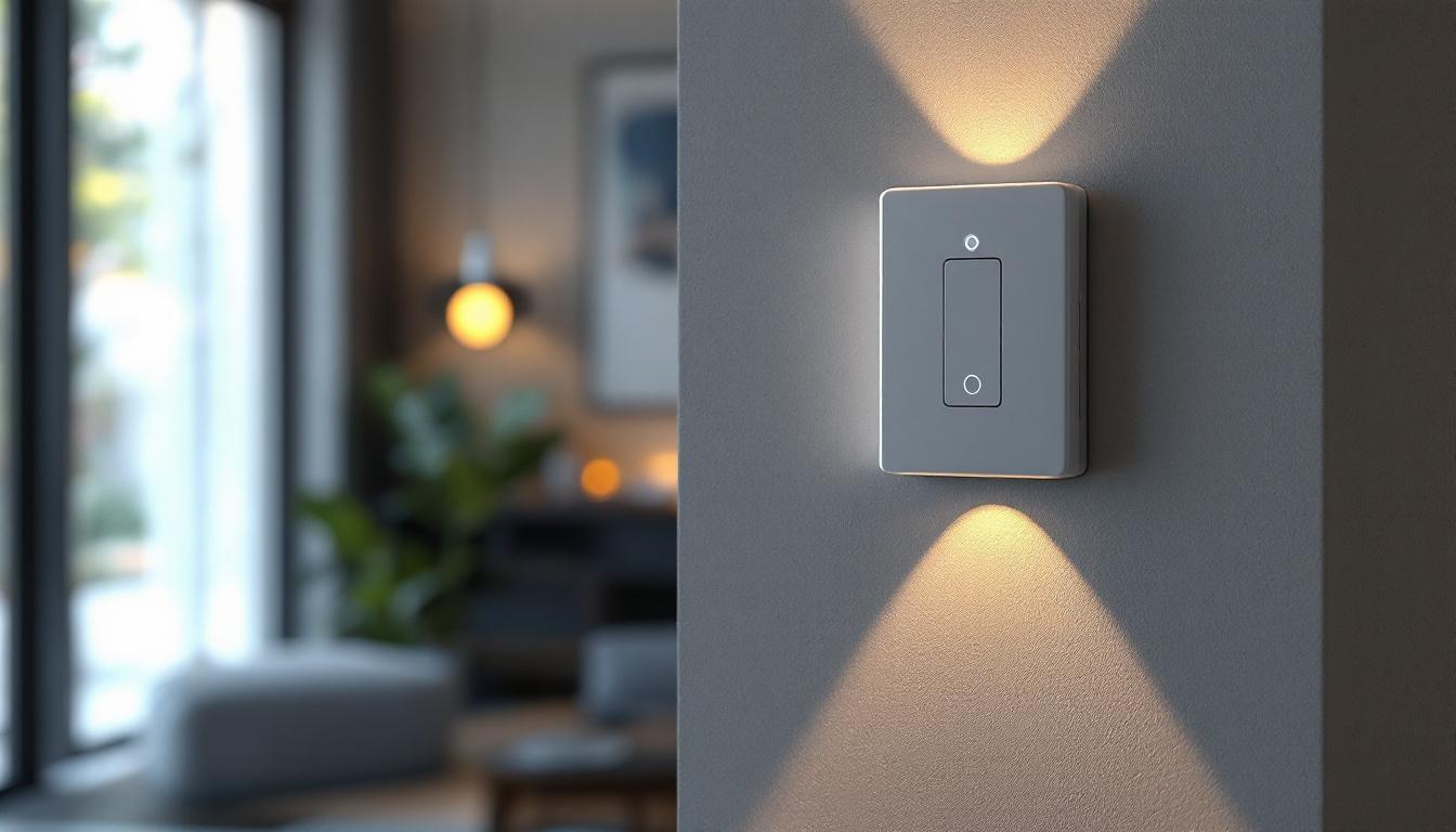 A photograph of a modern motion sensor light switch installed in a stylish home setting