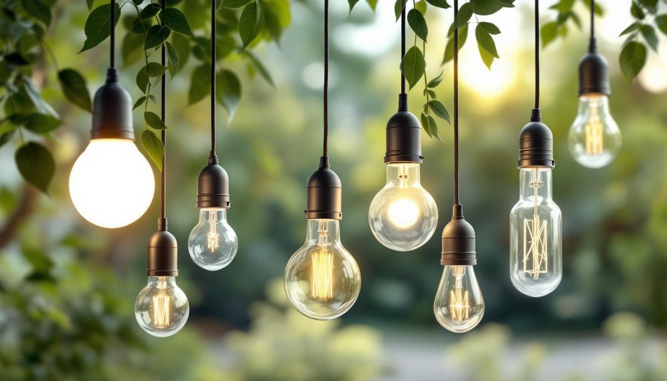 A photograph of a stylishly arranged led light hanger displaying various eco-friendly led lights in a natural setting
