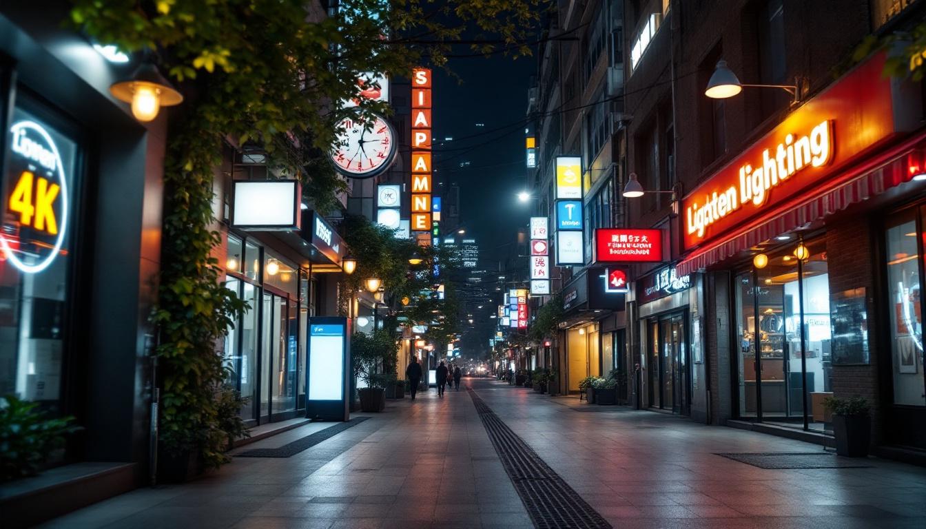 A photograph of a well-lit urban environment showcasing various lighting installations and signage