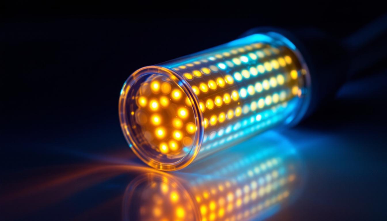 A photograph of a close-up shot of a vibrant led corn cob light fixture
