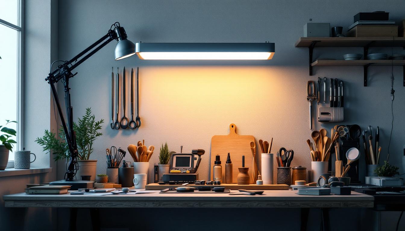 A photograph of a well-lit workspace featuring a fluorescent shop lamp illuminating various tools and materials