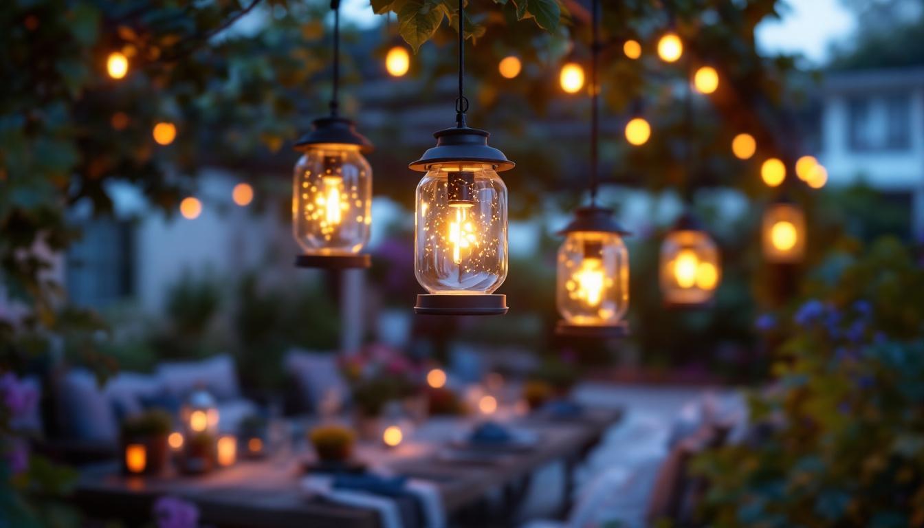 A photograph of a beautifully arranged outdoor setting featuring solar hanging lanterns illuminating a garden or patio at dusk