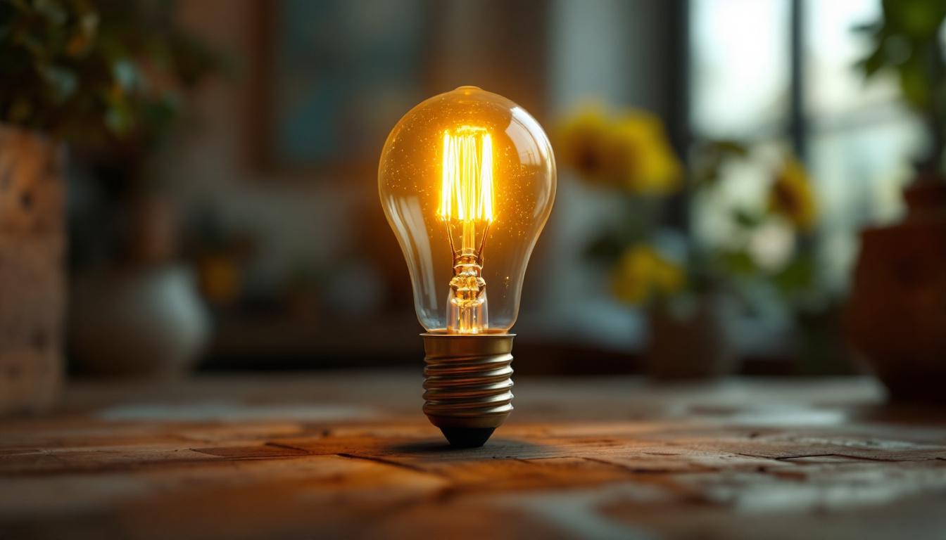 A photograph of an antique-style led bulb illuminated in a vintage lamp setting