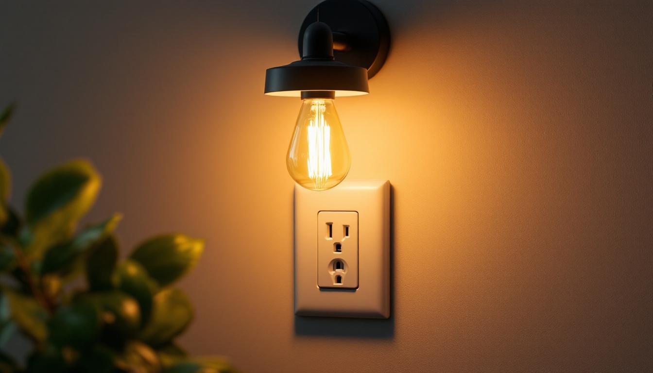 A photograph of a stylish light fixture installed over an electrical outlet