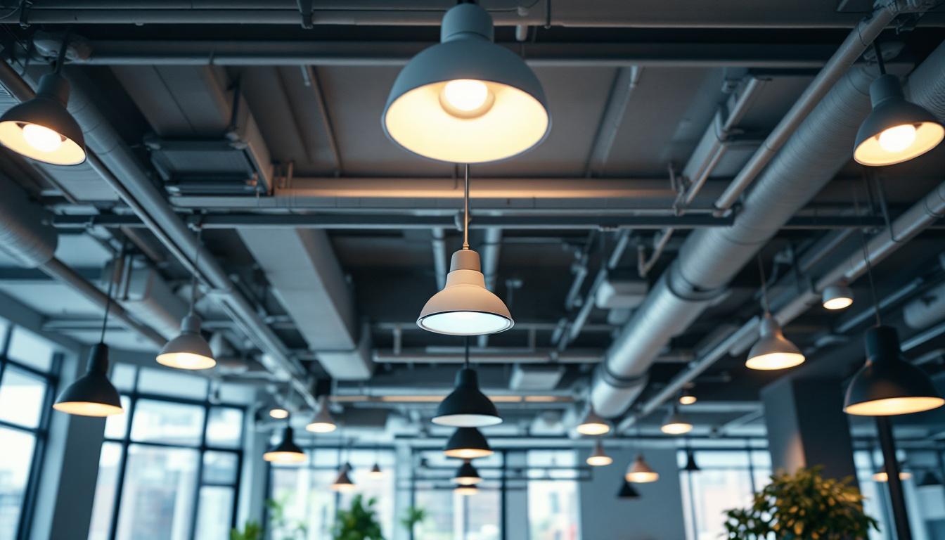 A photograph of a well-lit suspended ceiling installation showcasing various lighting fixtures