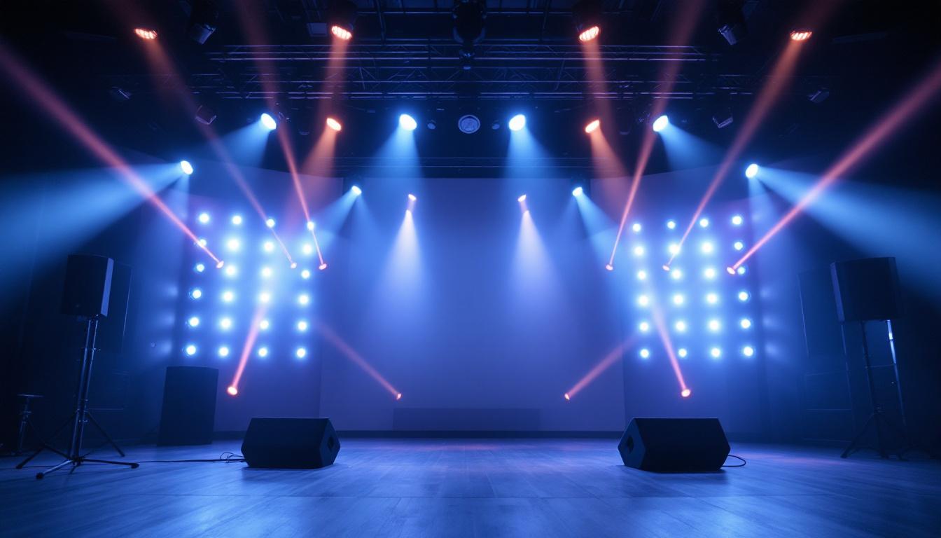 A photograph of a well-lit studio or performance space showcasing hi hats lighting equipment in action
