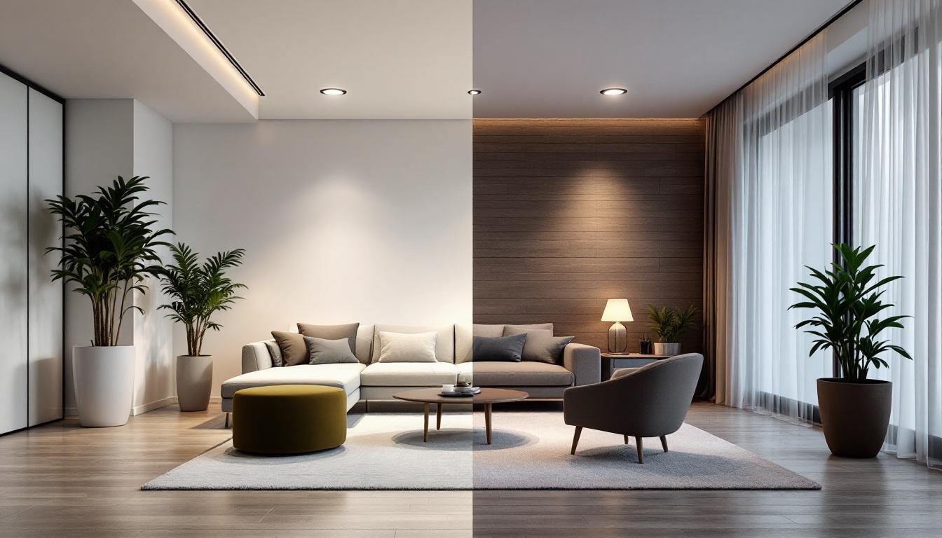 A photograph of a beautifully designed interior space featuring both 4-inch and 6-inch recessed lighting fixtures in a side-by-side comparison