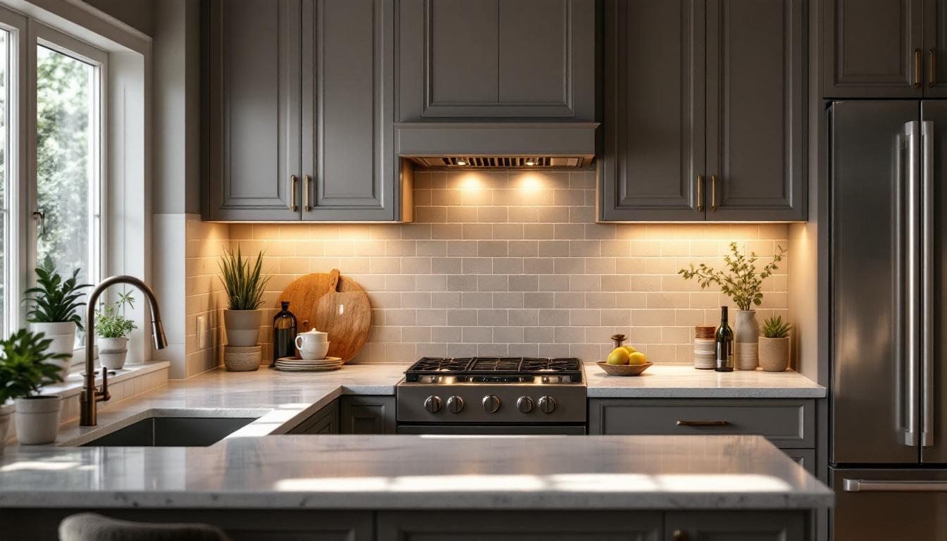 A photograph of a beautifully designed kitchen featuring elegant under cabinet recessed lighting that highlights the countertops and creates a warm