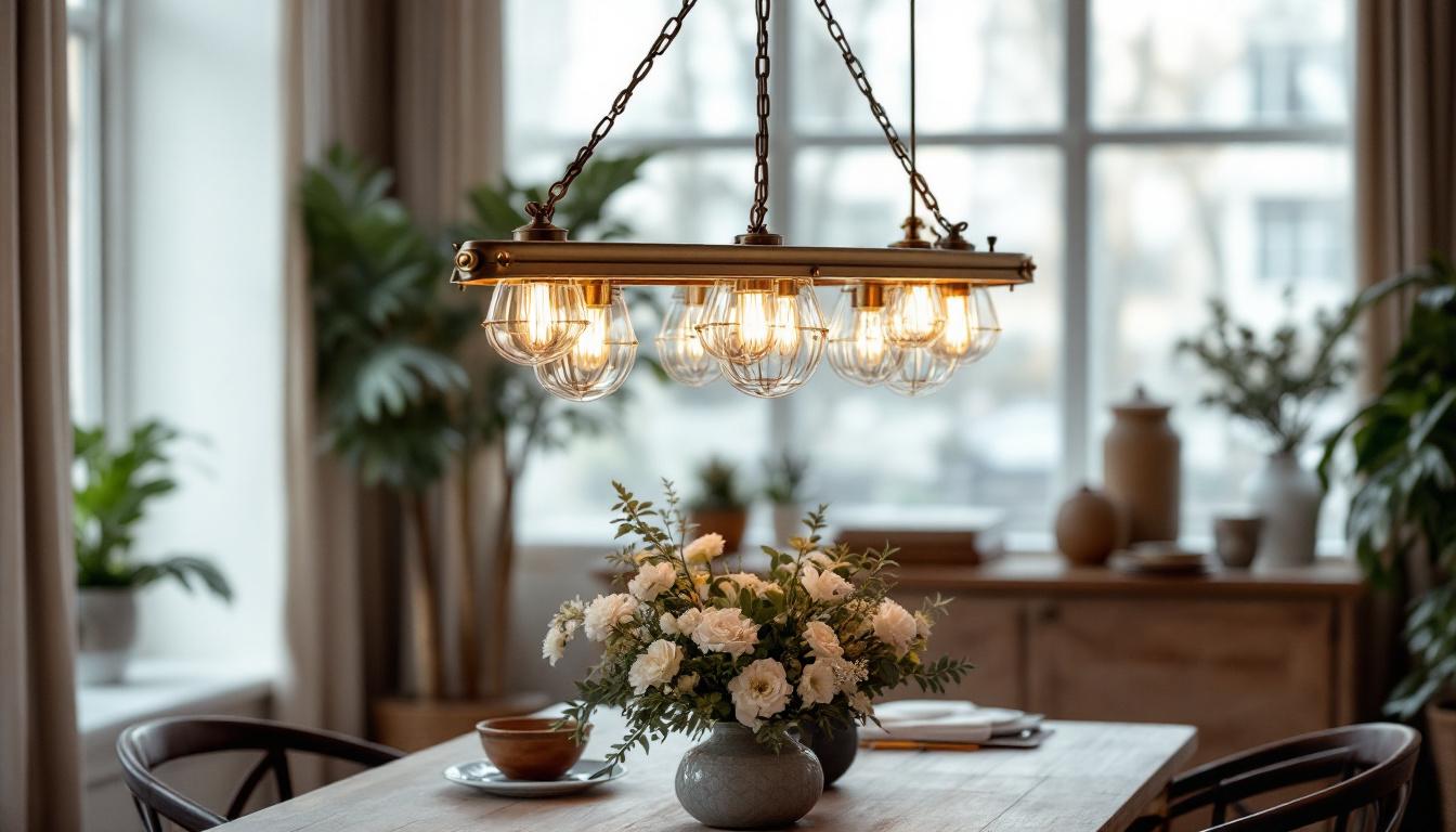 A photograph of capture a photograph of an antique brass linear chandelier elegantly suspended in a well-lit dining space