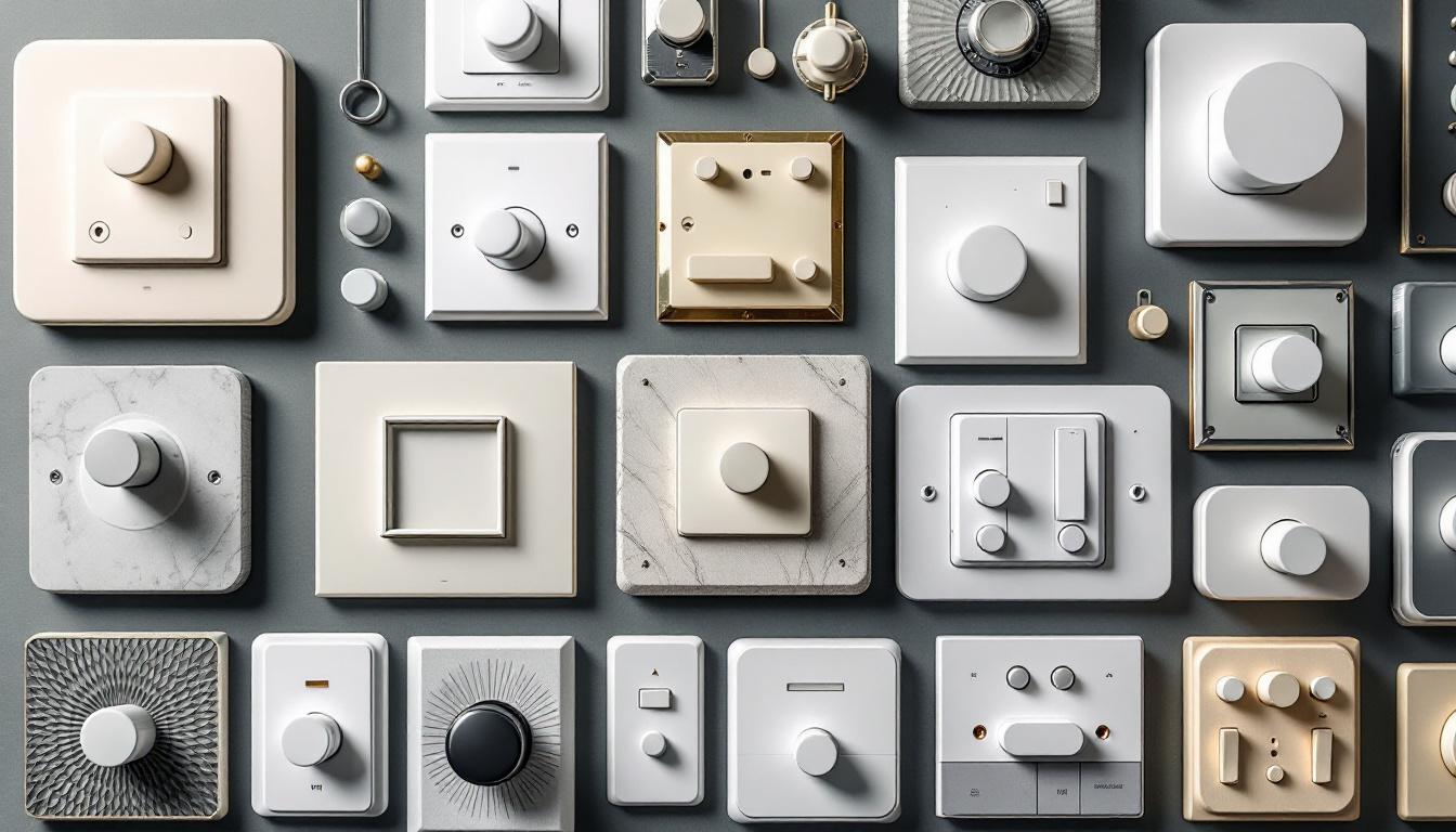 A photograph of a variety of dimmer switch styles displayed in an aesthetically pleasing arrangement