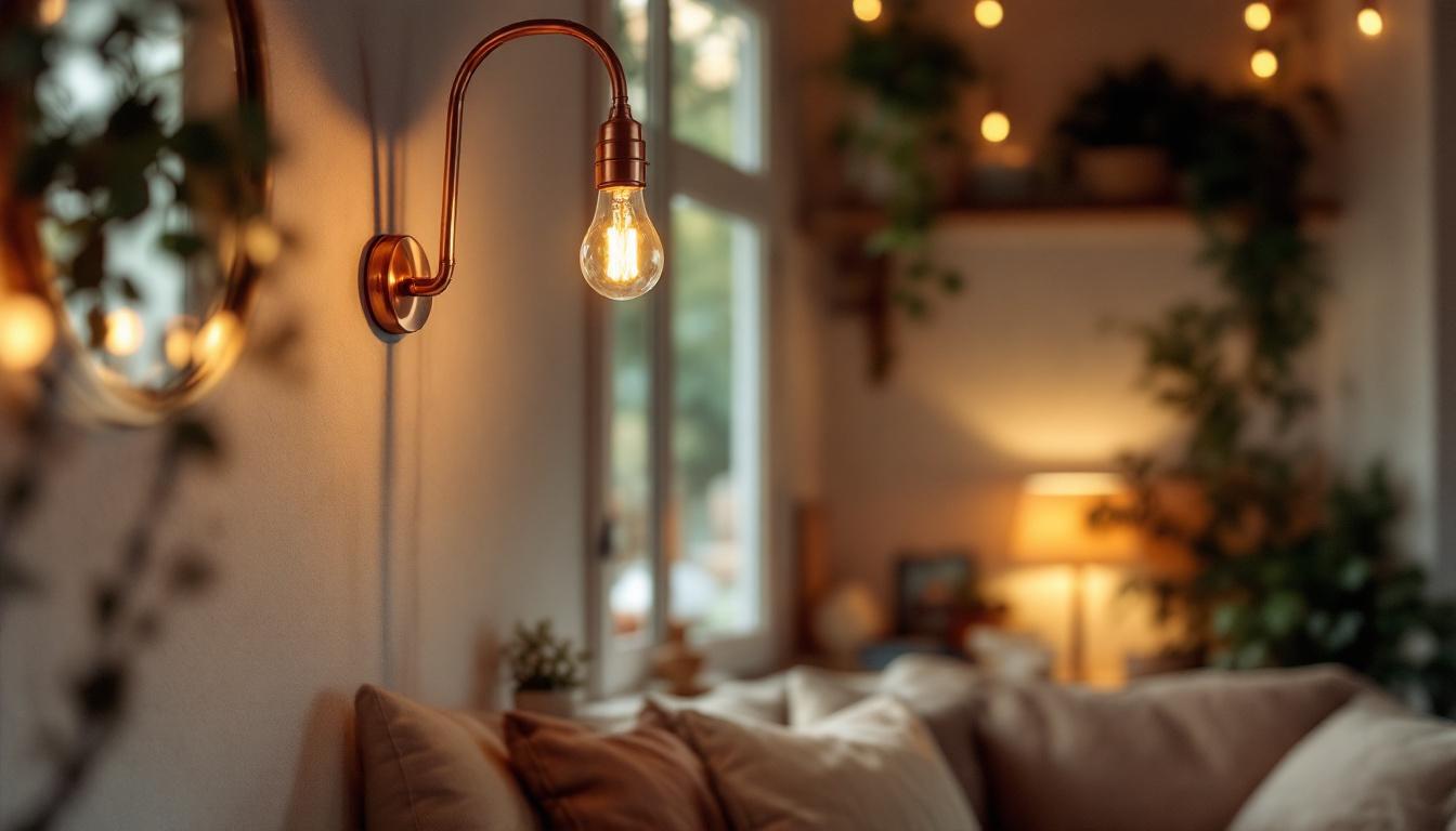 A photograph of a beautifully styled copper gooseneck light fixture in a cozy