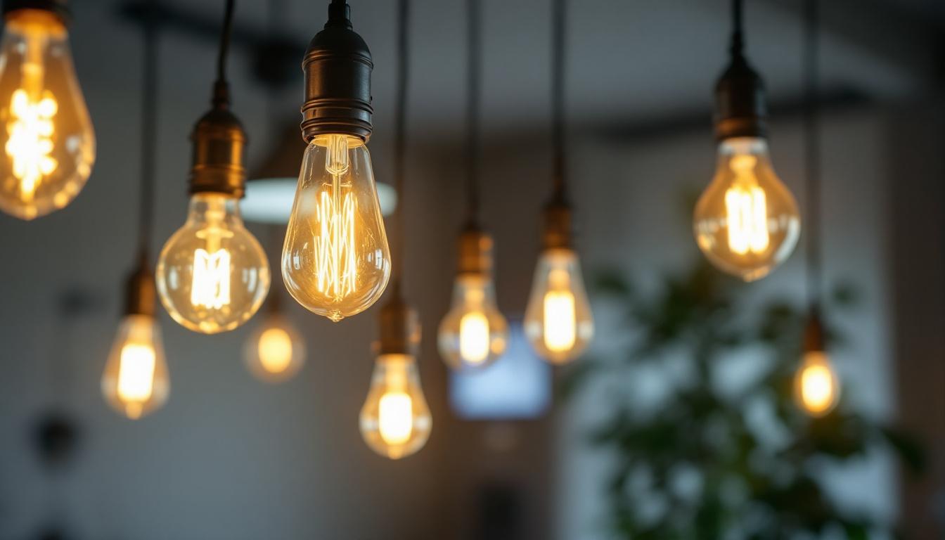 A photograph of a well-lit interior space showcasing various types of light bulb fittings in use