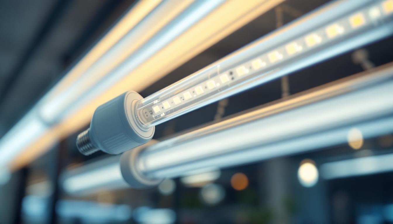 A photograph of a close-up shot of t8 led bulbs in a well-lit environment