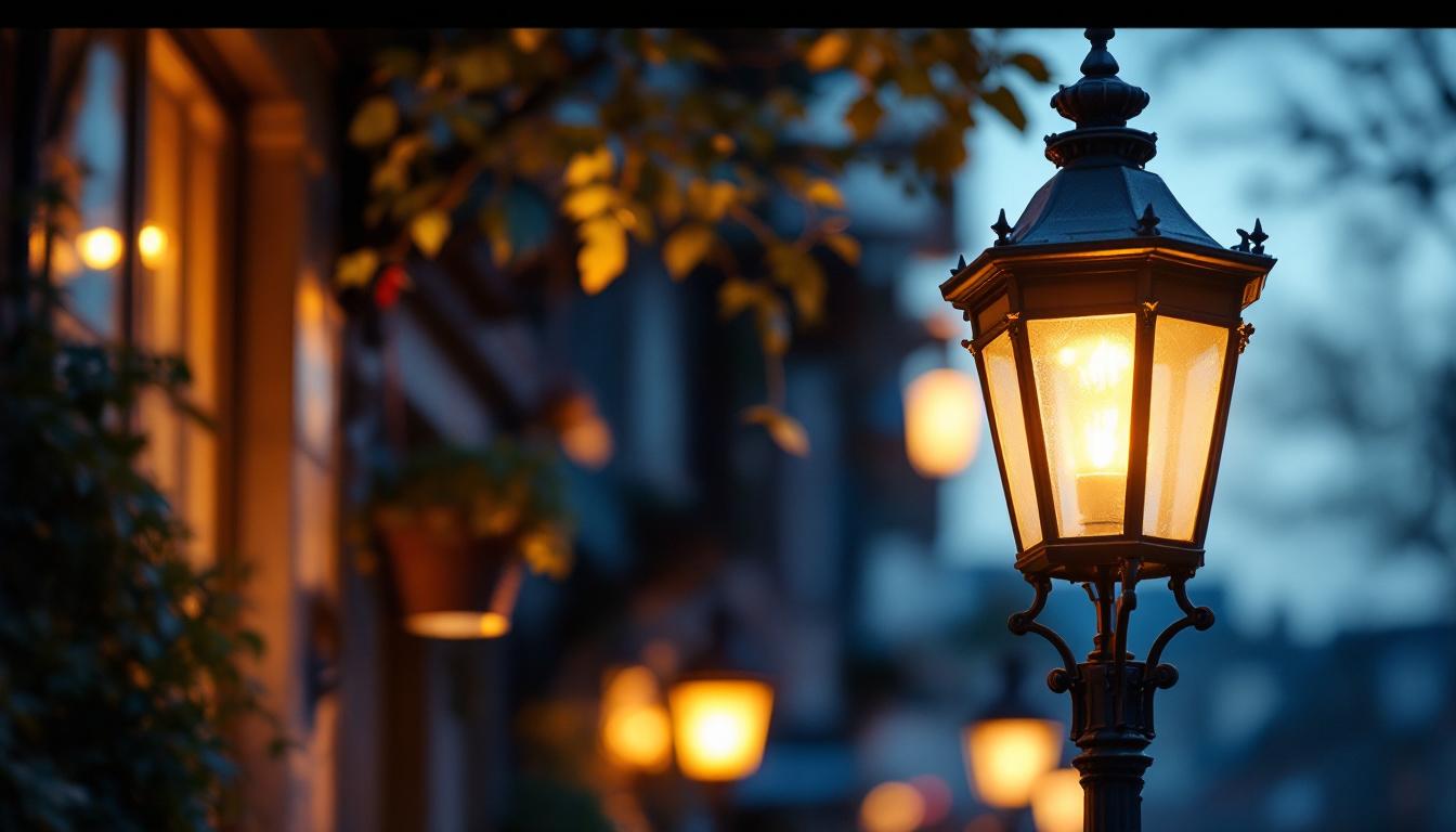 A photograph of an elegant antique gas street light illuminated at dusk