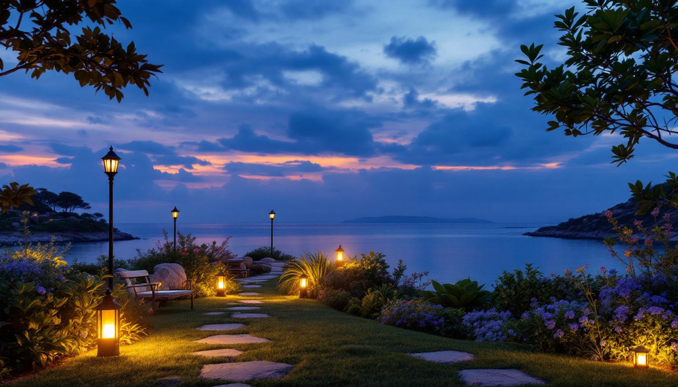 A photograph of a beautifully illuminated coastal landscape at dusk