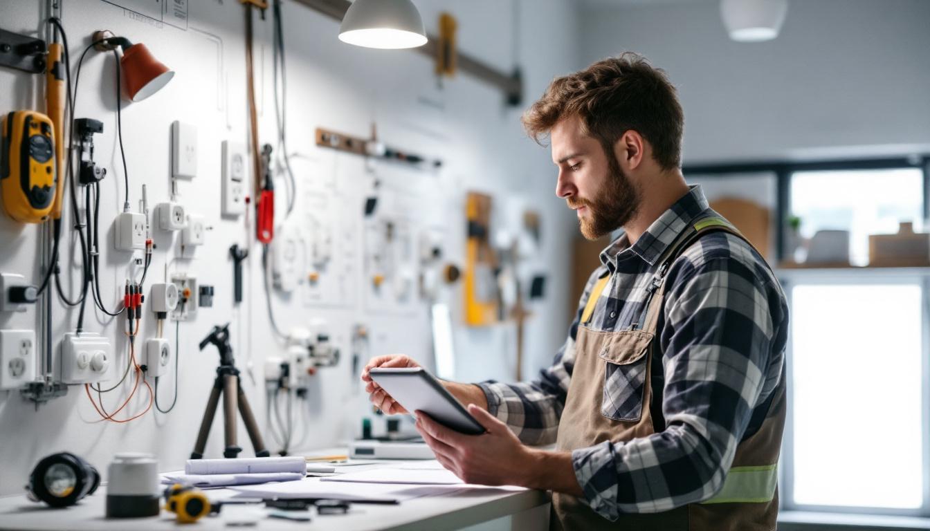 A photograph of a well-lit workspace featuring an electrical engineer examining various light box outlets and lighting designs