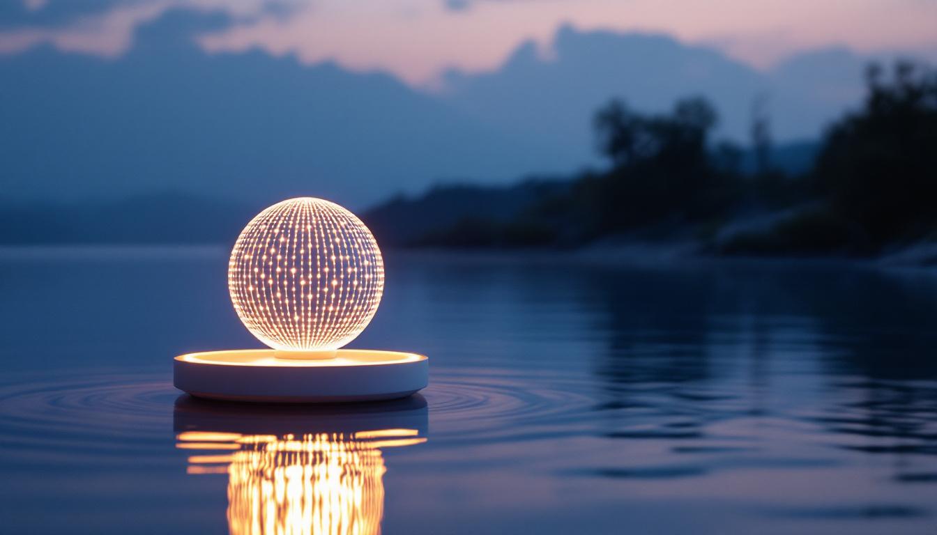 A photograph of a beautifully designed floating solar lamp illuminated at dusk