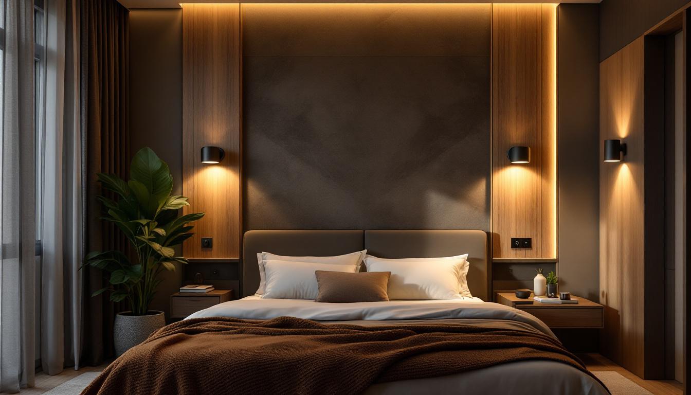 A photograph of a beautifully designed bedroom featuring stylish over bed wall lights