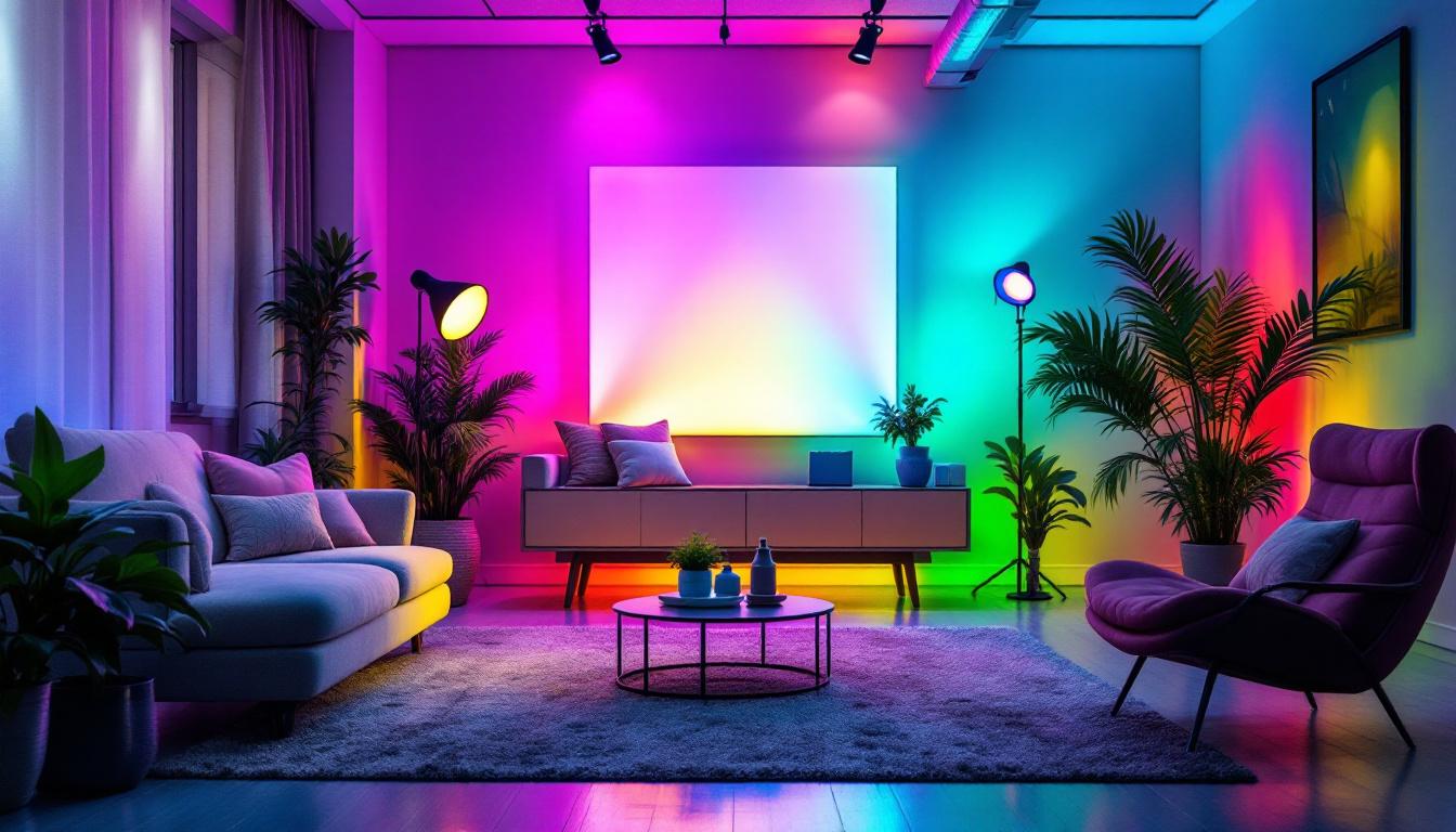 A photograph of a modern rgbw lighting setup in a stylish interior
