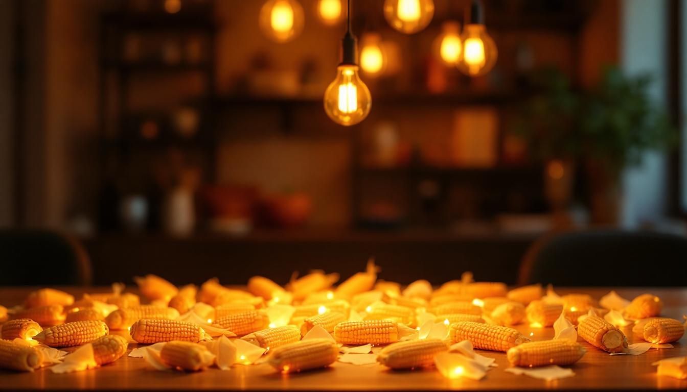 A photograph of a beautifully arranged corn light fixture in a stylish interior setting