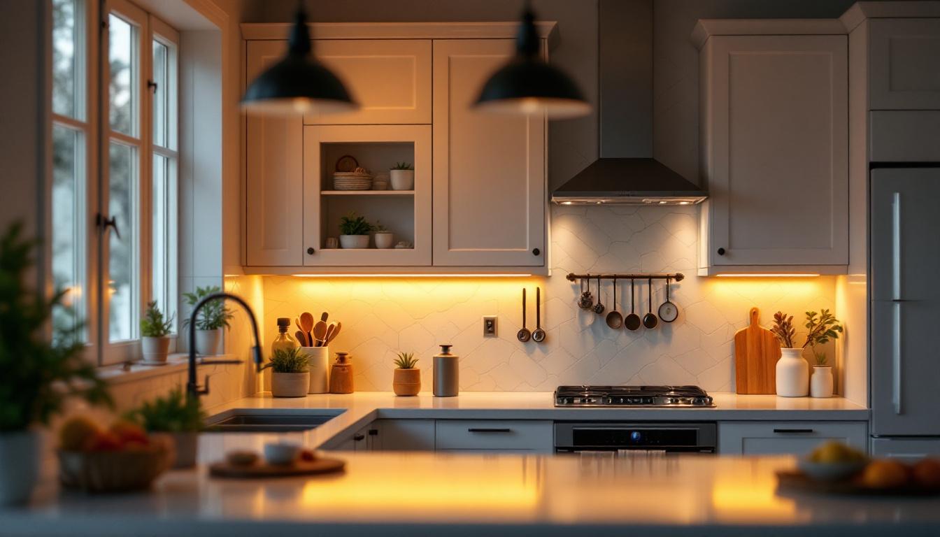 A photograph of a beautifully lit kitchen featuring stick-on lights installed under the cabinets