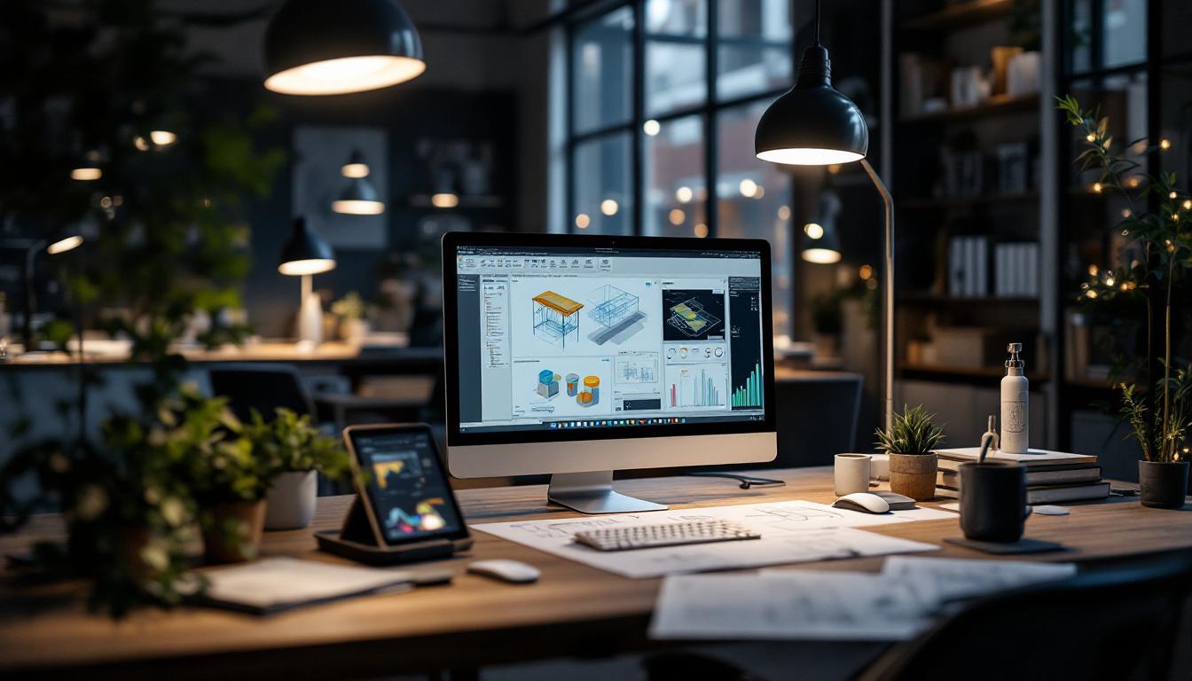 A photograph of a modern engineering workspace featuring a lighting design project