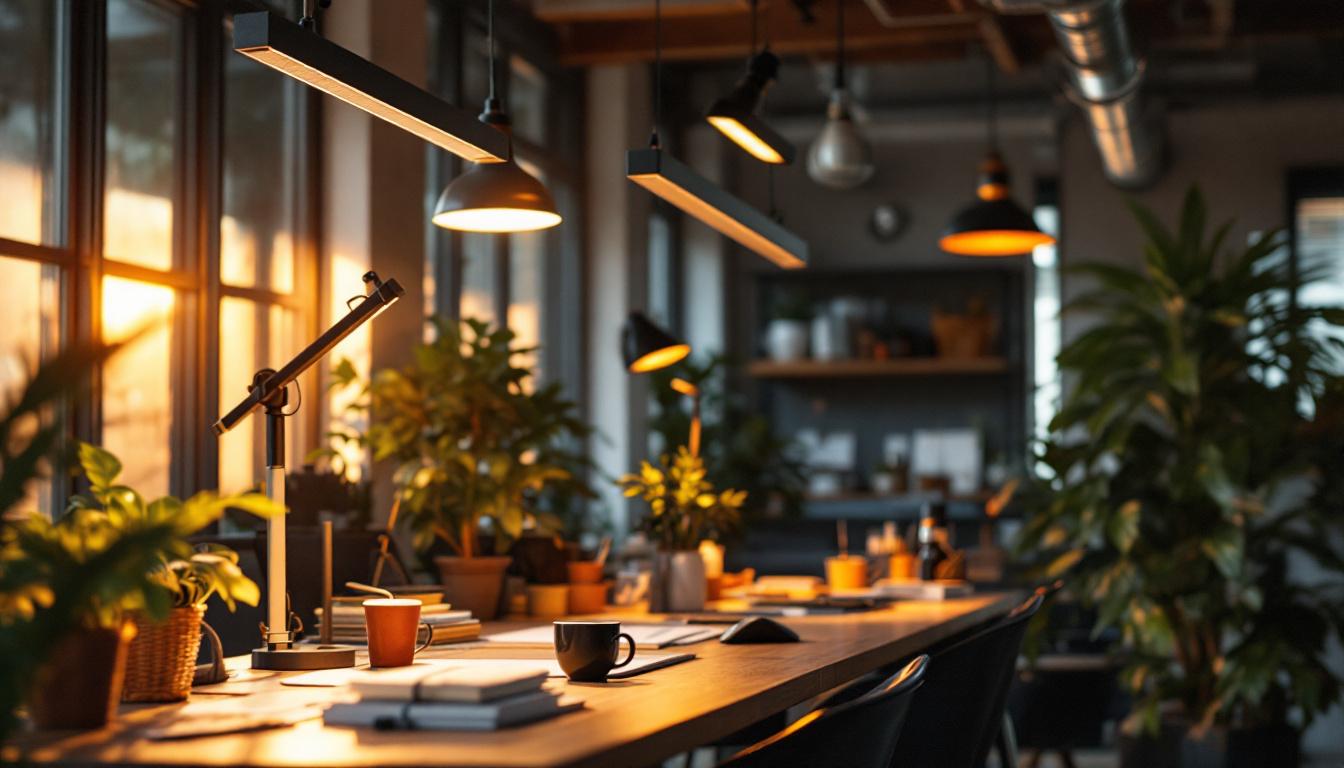 A photograph of a well-designed lighting installation in an engineering workspace