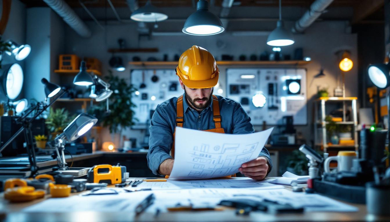 A photograph of a well-lit workspace featuring an electrical engineer reviewing lighting designs and schematics