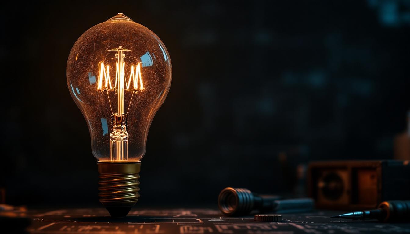 A photograph of a close-up shot of a large retro light bulb illuminated against a dark background