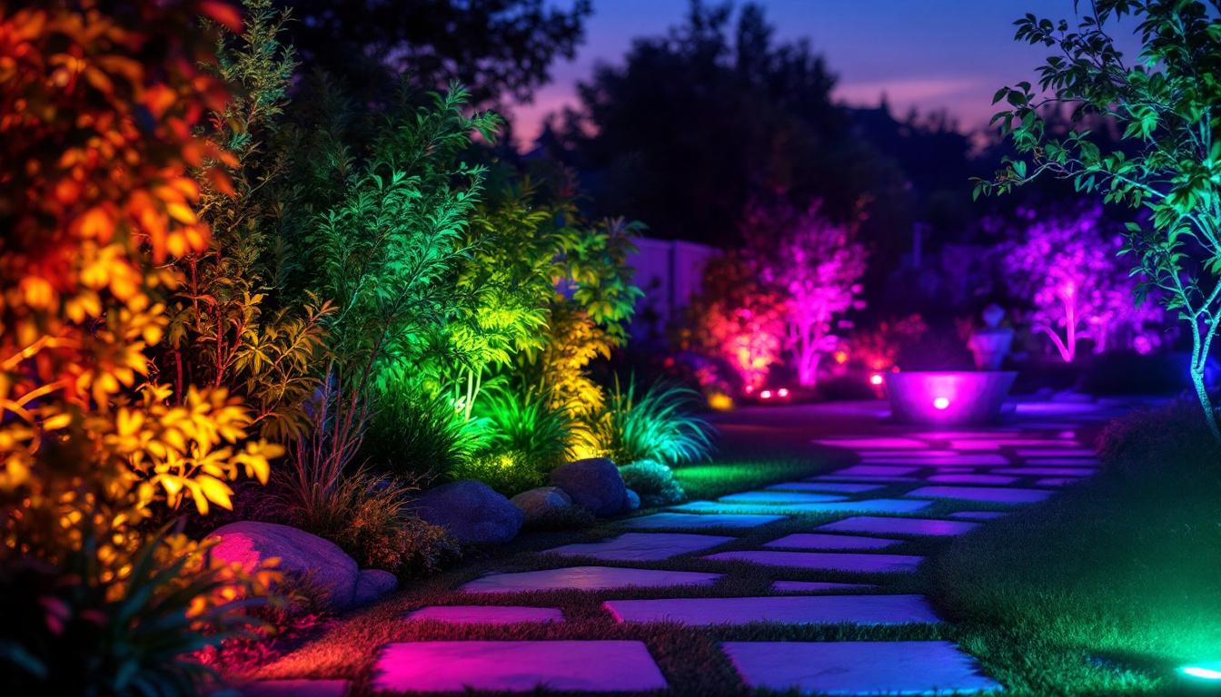A photograph of a vibrant outdoor scene showcasing color-changing led landscape lighting in action