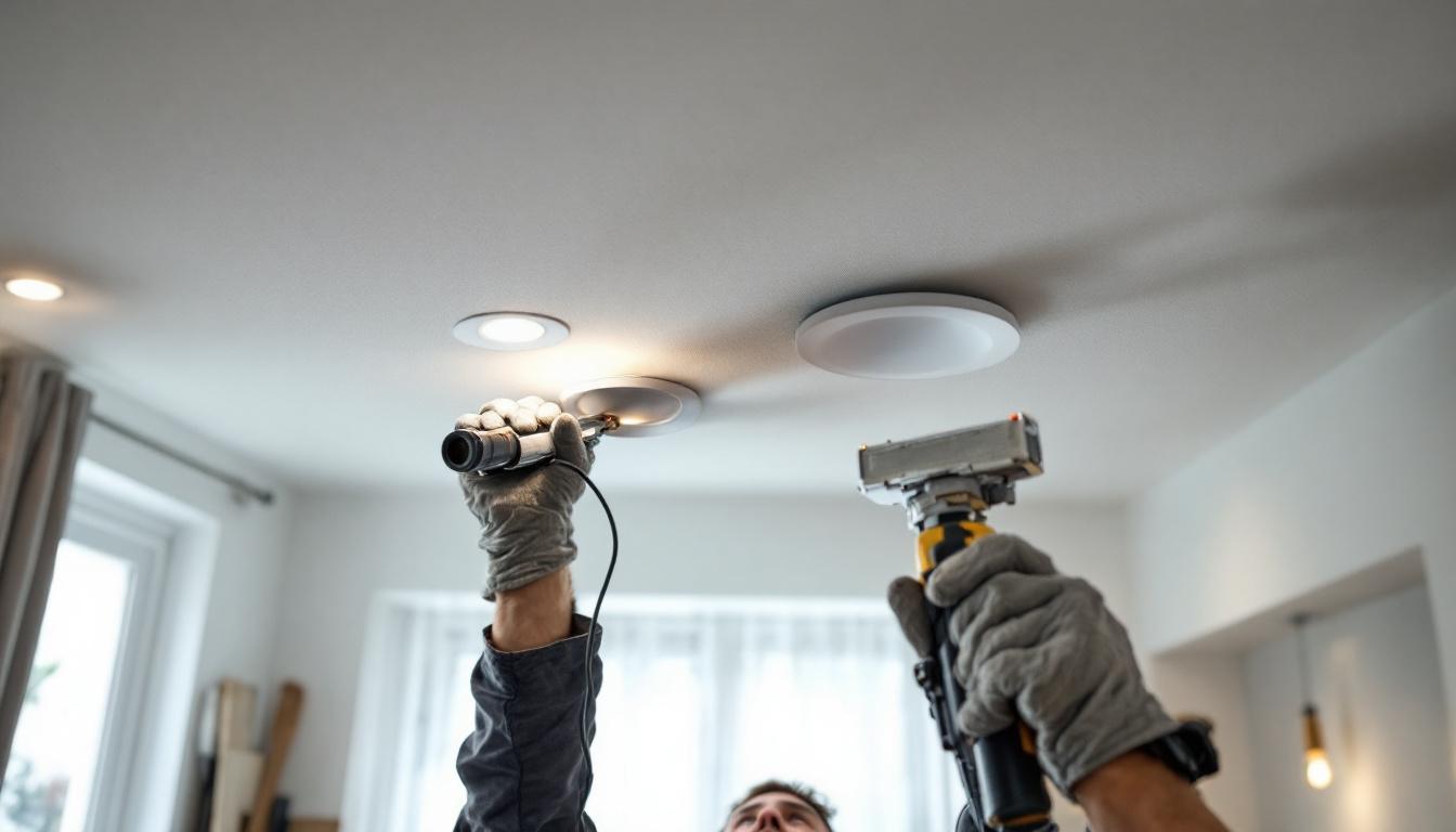 A photograph of a skilled electrician or diy enthusiast installing recessed lighting in a modern home setting