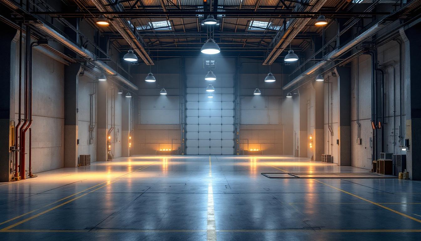 A photograph of a modern industrial space featuring ufo high bay led lights illuminating the area