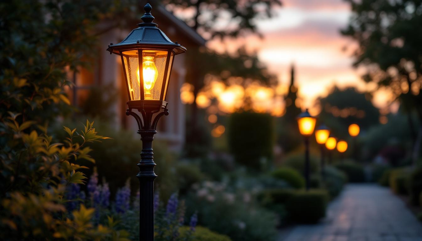 A photograph of capture a photograph of a beautifully illuminated outdoor lamp post in a picturesque garden or walkway setting during twilight
