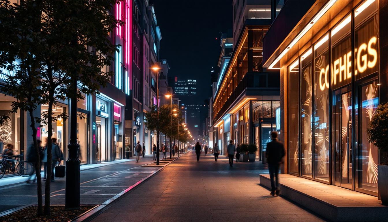 A photograph of a well-lit urban scene showcasing innovative lighting designs
