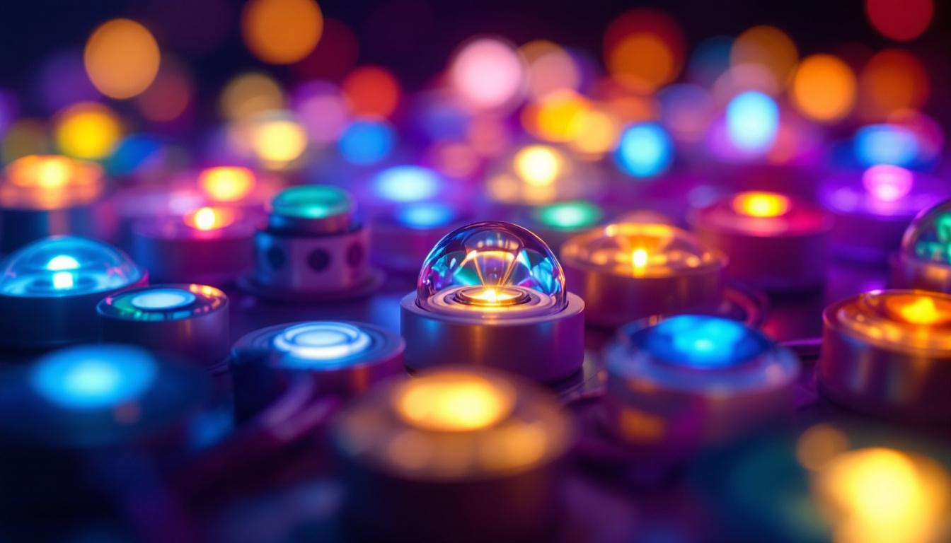 A photograph of a close-up shot of a variety of led lights in different colors and shapes