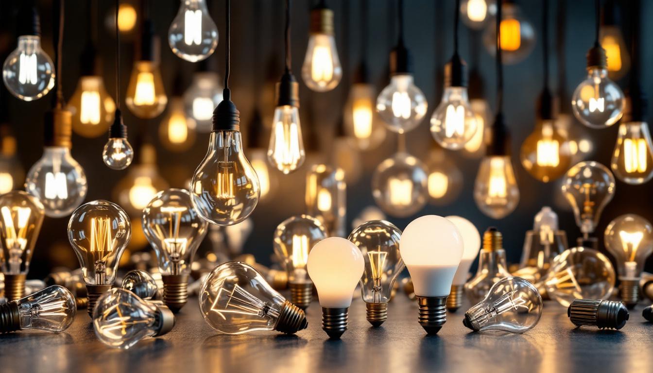 A photograph of a diverse array of light bulbs in various shapes