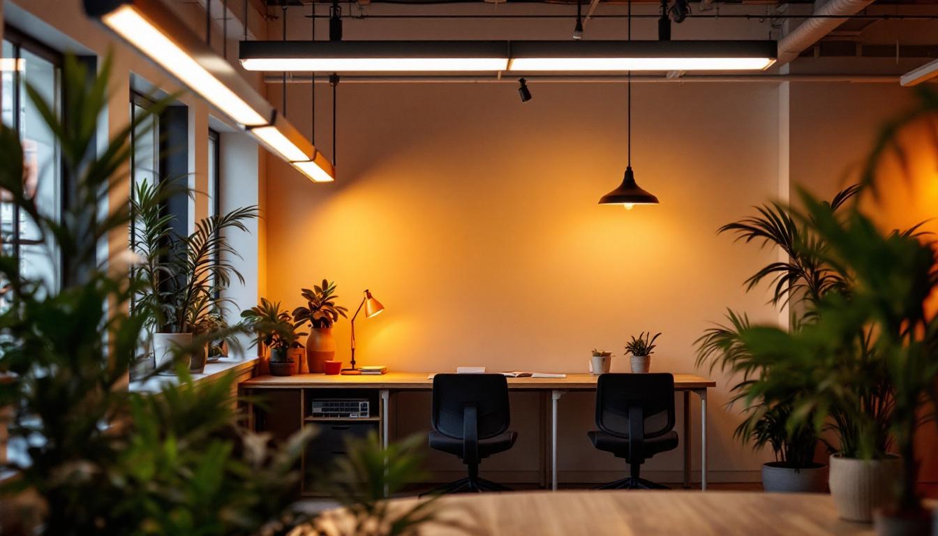 A photograph of a well-lit workspace featuring stylishly designed fluorescent light fixtures that enhance the aesthetic of the environment