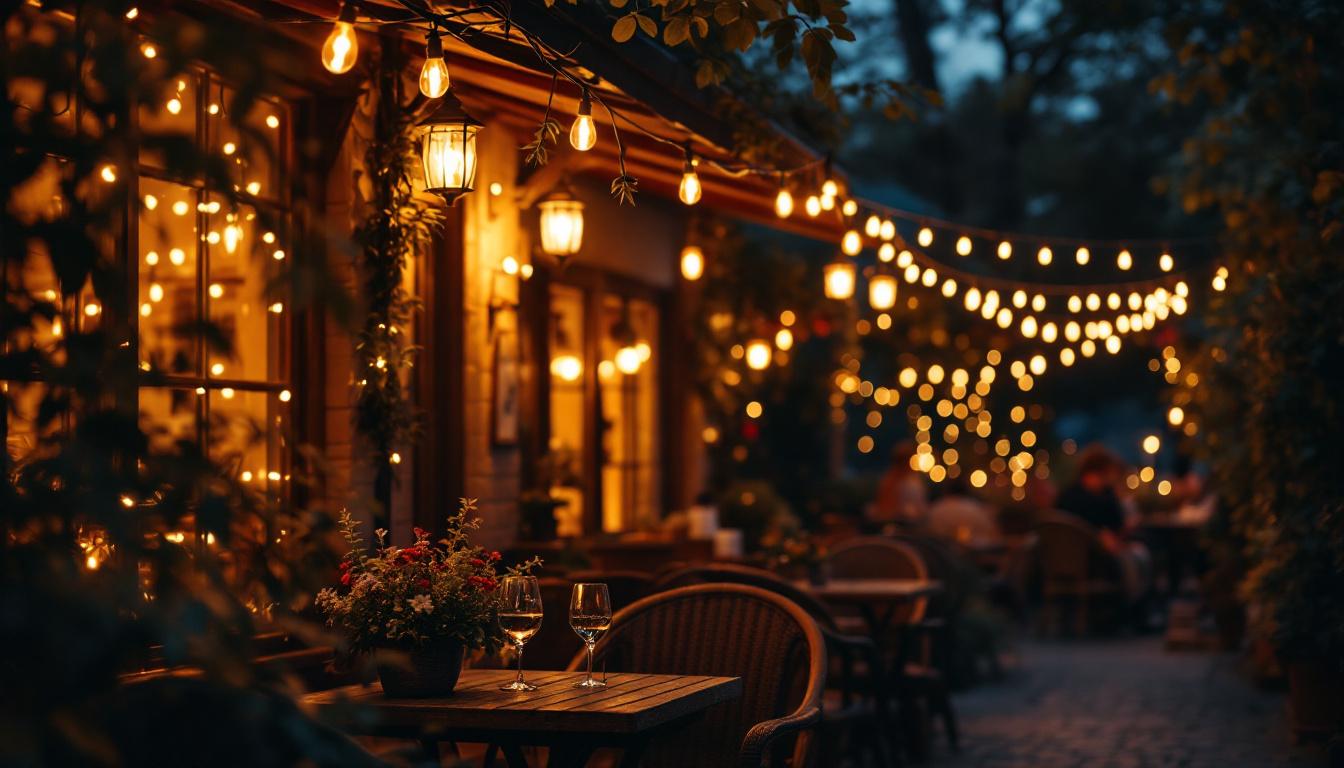 A photograph of a cozy outdoor cafe scene illuminated by beautifully arranged string lights