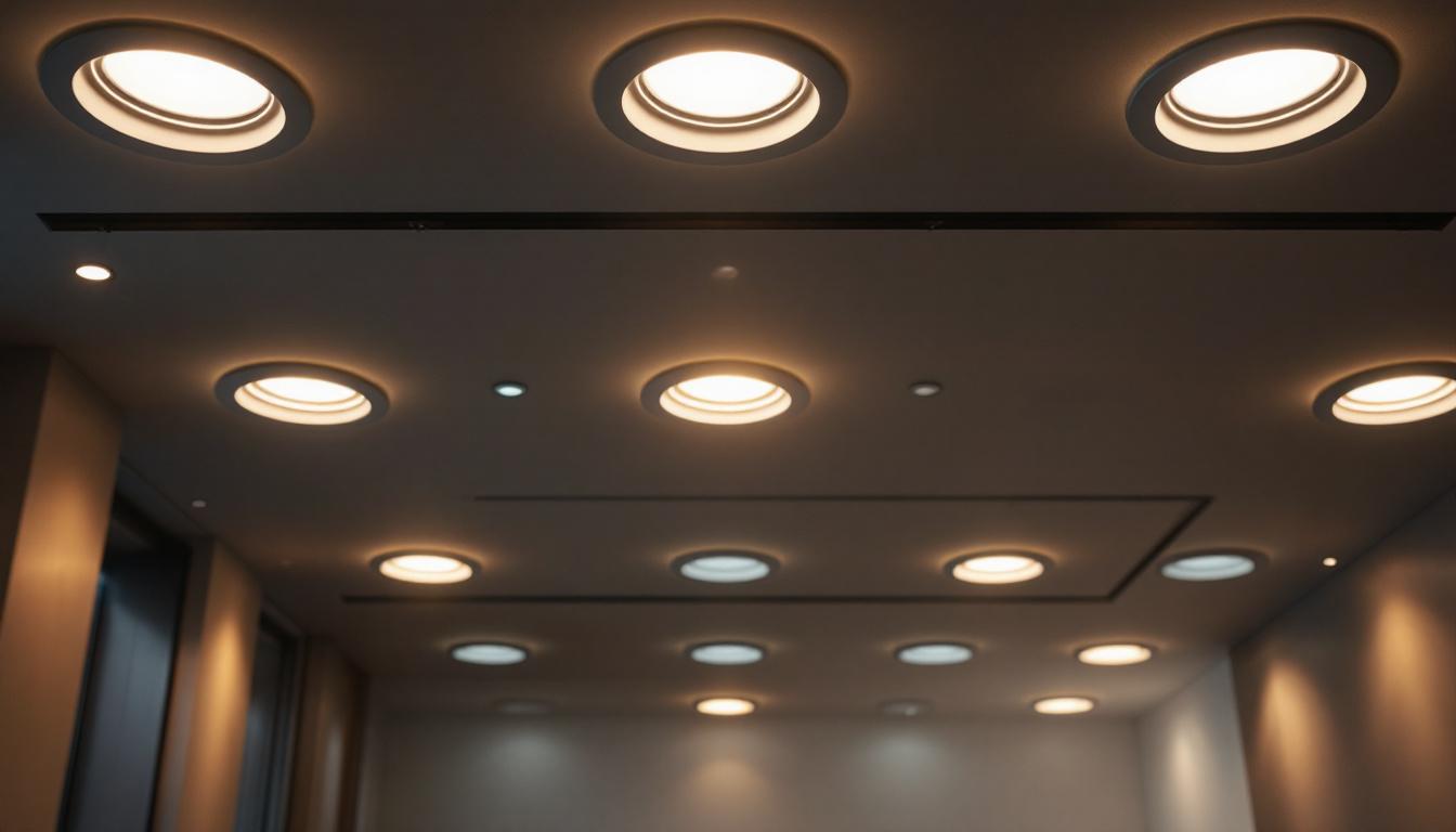 A photograph of a well-lit room showcasing various recessed down lights installed in the ceiling