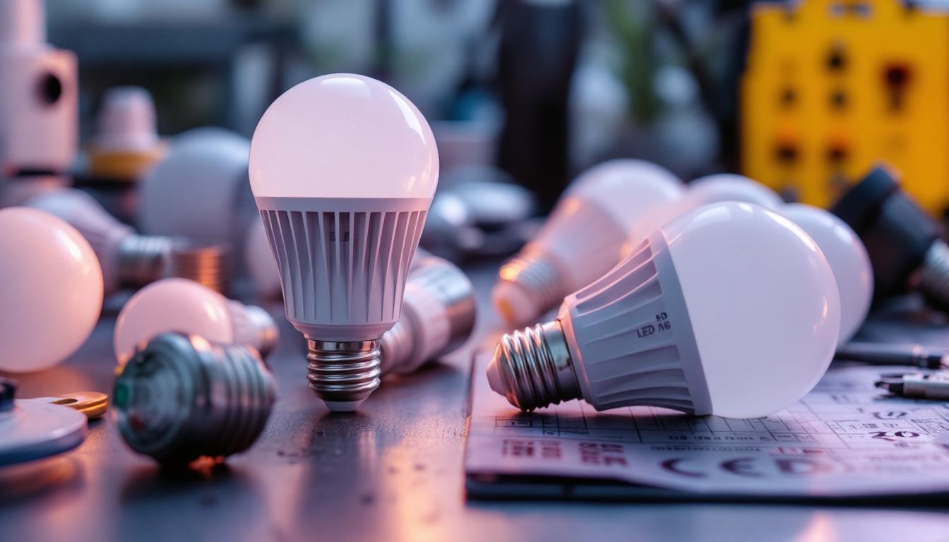 A photograph of a close-up shot of various led light bulb components laid out on a clean workbench