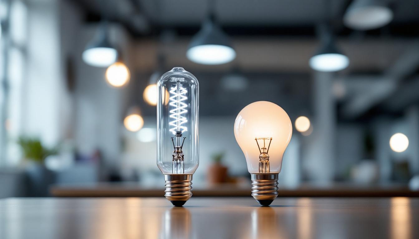 A photograph of a side-by-side comparison of a t8 bulb and a t12 bulb in a well-lit setting